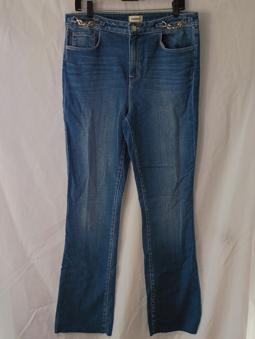 L' Agence Dark Blue Bootcut Jeans with Gold Chain Accent